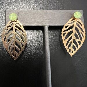 Gold Tone Leaf Drop Earrings Green Stone Accent Pierced Nature Inspired